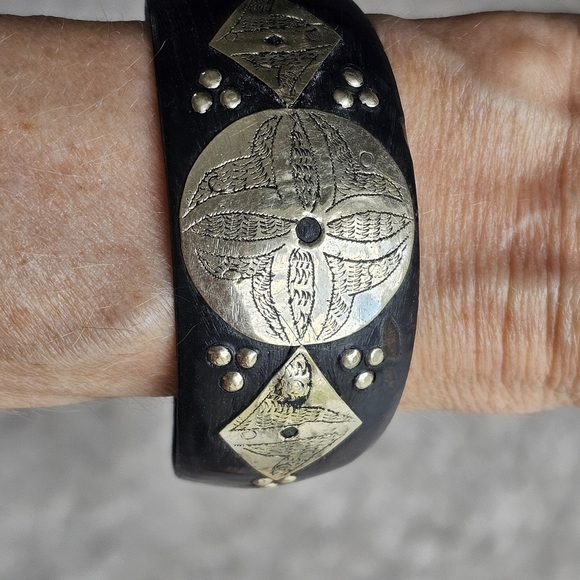 Artisan Jewelry - Hand carved bone bracelet with hand hammered etched silver on-lays Artis…